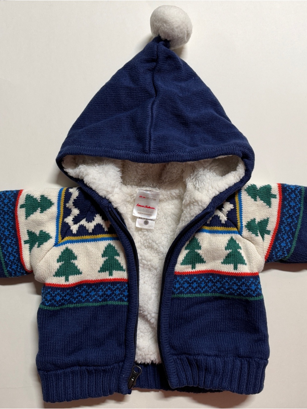 Hanna Andersson Navy Hooded Baby Sweater with Green Tree Pattern